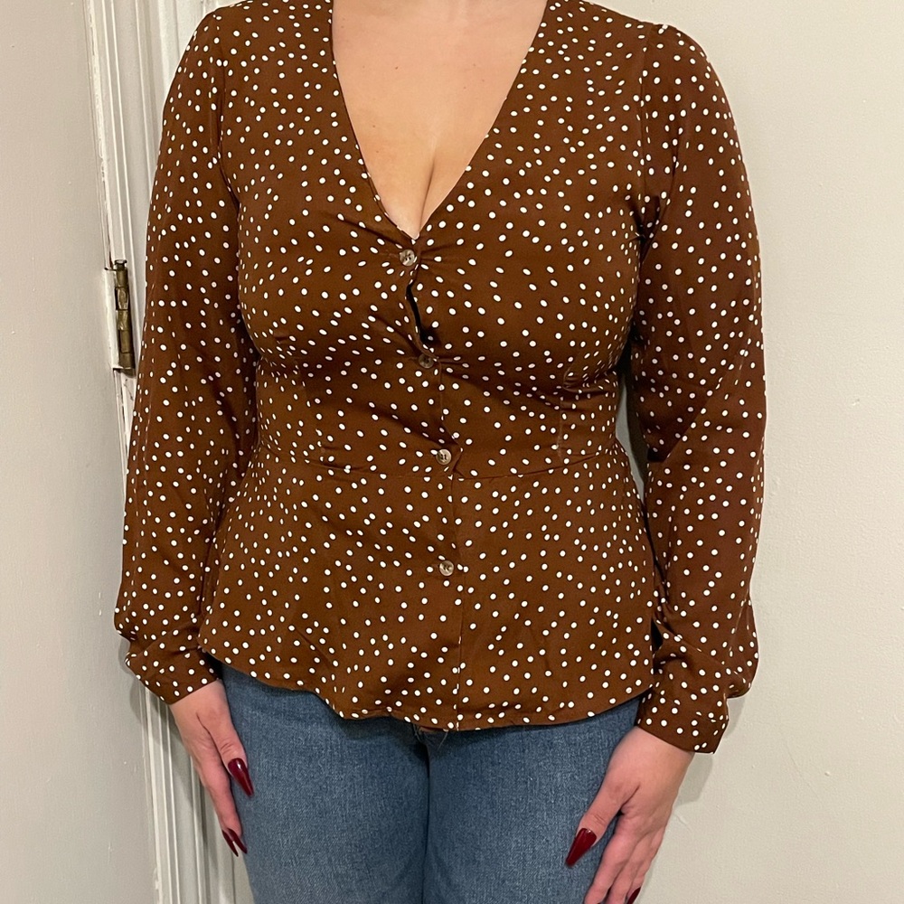 Brown and white polka dot blouse. 2000s